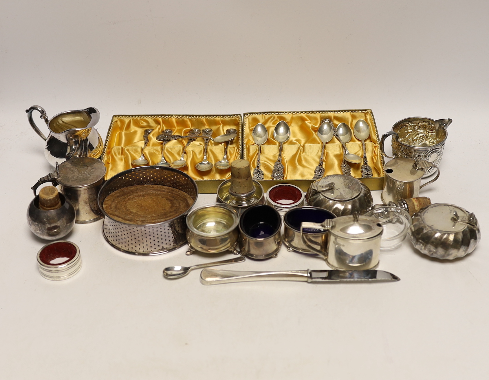 Three silver mustard pots and three silver salts and a group of assorted mainly plated items.